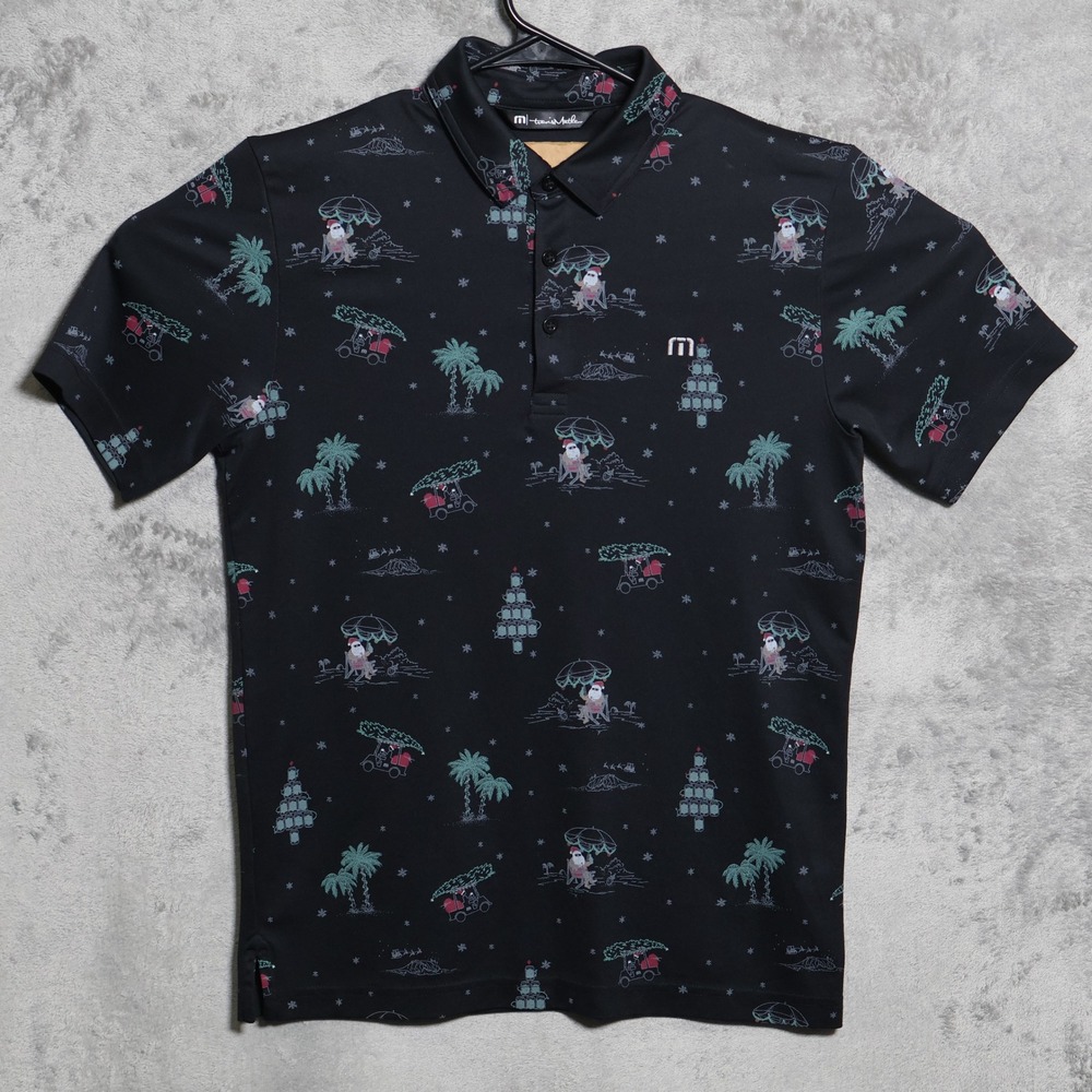 Travis Mathew Polo Shirt Mens Small Black Christmas Tropical Santa Claus Golf